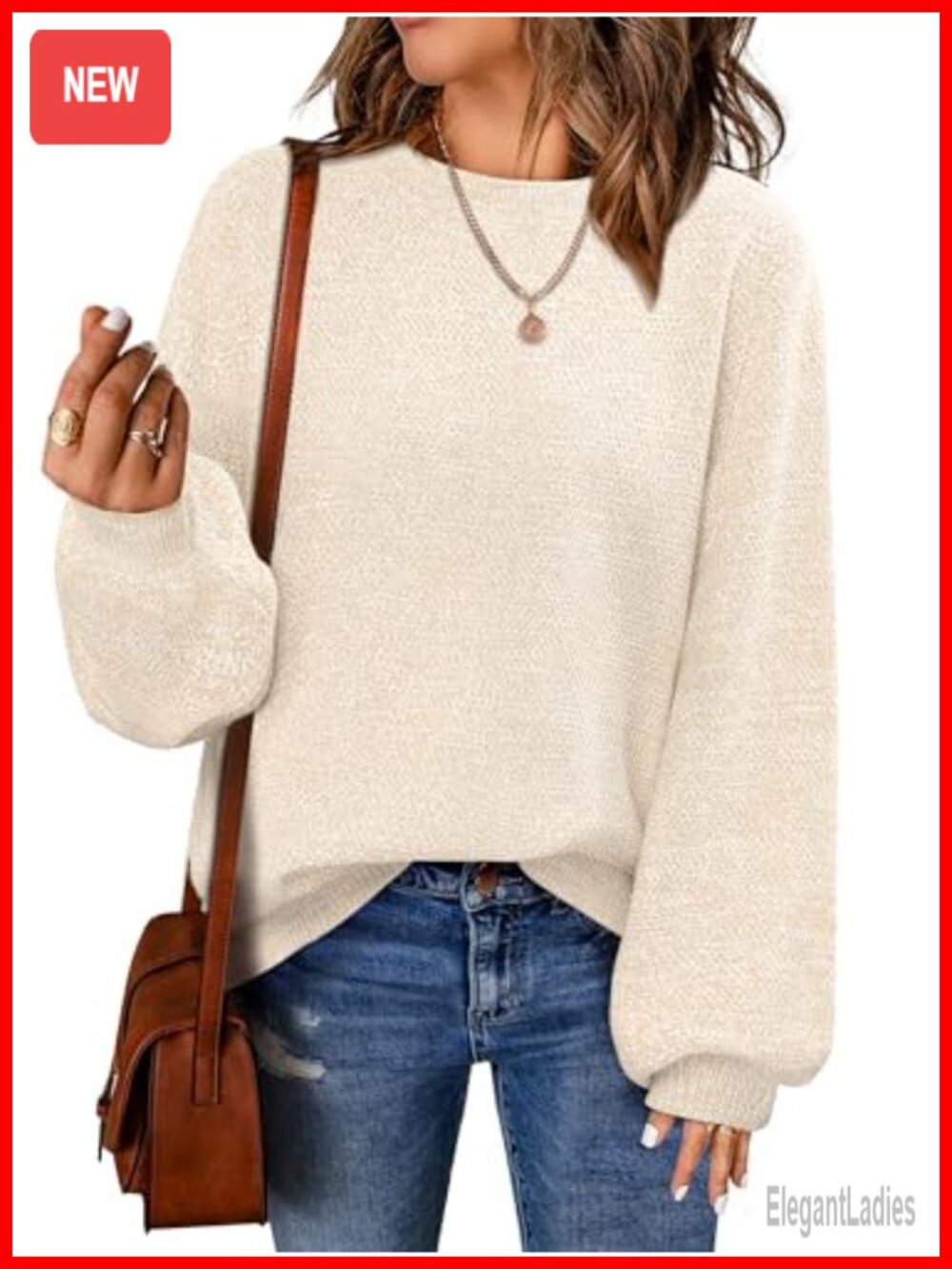 Oversized Chunky Knit Sweater Lantern Sleeve Pullover Crew Neck